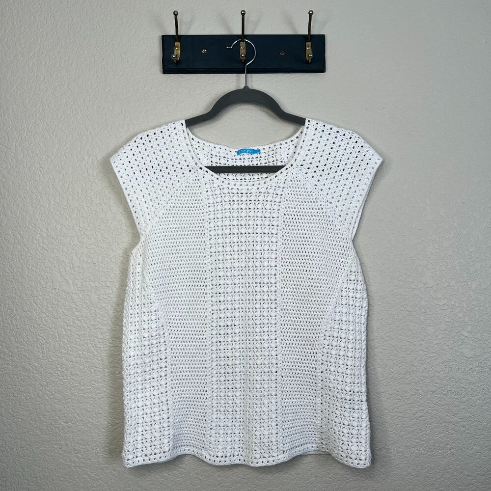 J.McLaughlin White Crochet Knit Top Women's L Cotton Beachy Boho Cottage Coastal